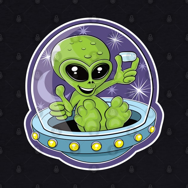 Illustration of a cute alien holding candy in a flying saucer by RobiMerch